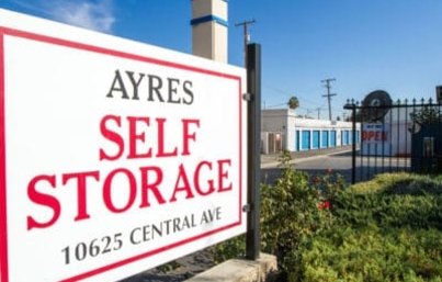 Outside sign for the Ayres Self Storage Costa Mesa location
