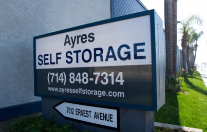 Outside sign for the Ayres Self Storage Huntington Beach location
