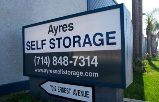 Sign for the Ayres Self Storage Huntington Beach location